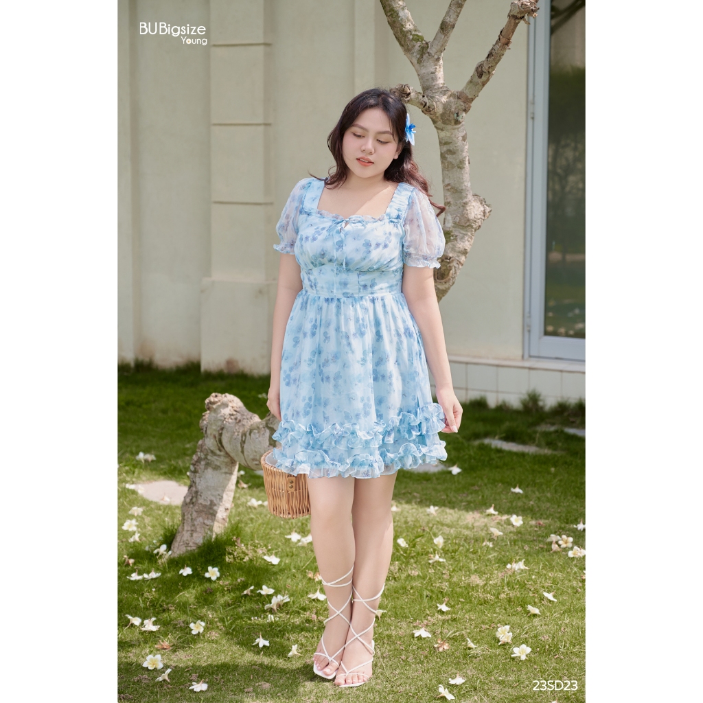 BIGSIZE เดรสลายดอกไม้คอเหลี่ยม 2 ชั้น – 23SD23 - [BU Bigsize Young]