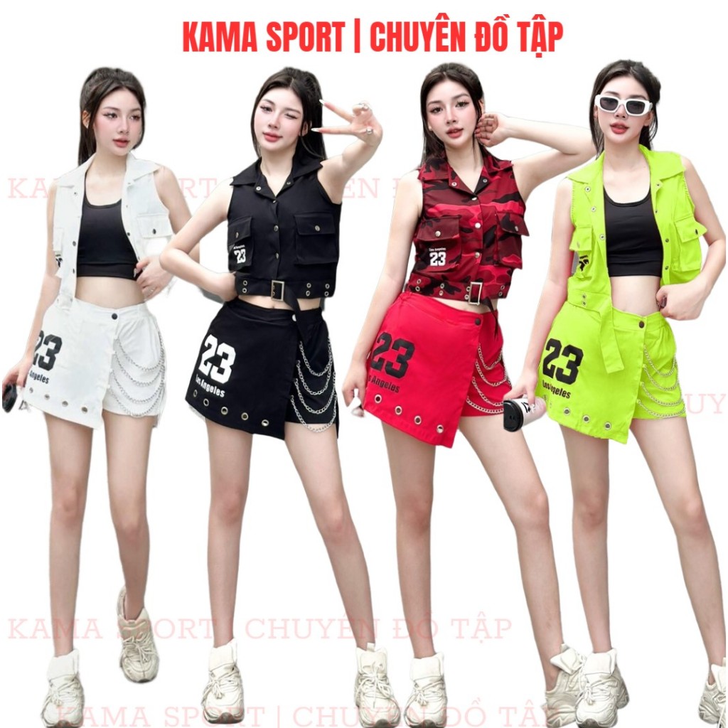 ชุดกีฬาผู้หญิงพร้อมกระโปรงสีกากีและเสื้อดิลสไตล์วัยรุ่นและแยกชิ้นเชี่ยวชาญในแอโรบิกซุมบาเต้นรําพื้นบ้าน ซัลเฟล