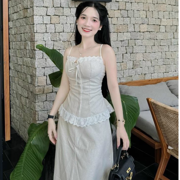 มม-023 ชุดท่อนบนพร้อมกระโปรงและกระโปรงผ่าท่อนบนลูกไม้แบบ1ผ้าวูลเกลือพริกไทยน่ารักสําหรับสาวๆออกไปข้างนอกชายหาด