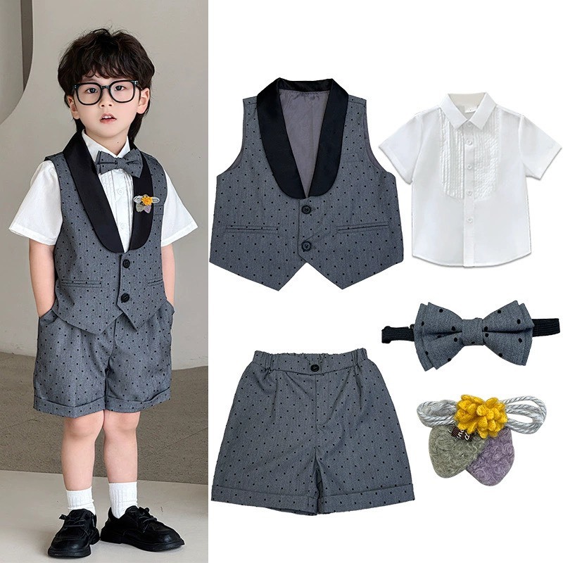 [ShuBim Kids] -VT09 - Boys Performance Gile Set - สีลายจุดสีเทาคุณภาพสูง - หรูหราสําหรับเด็กปาร์ตี้