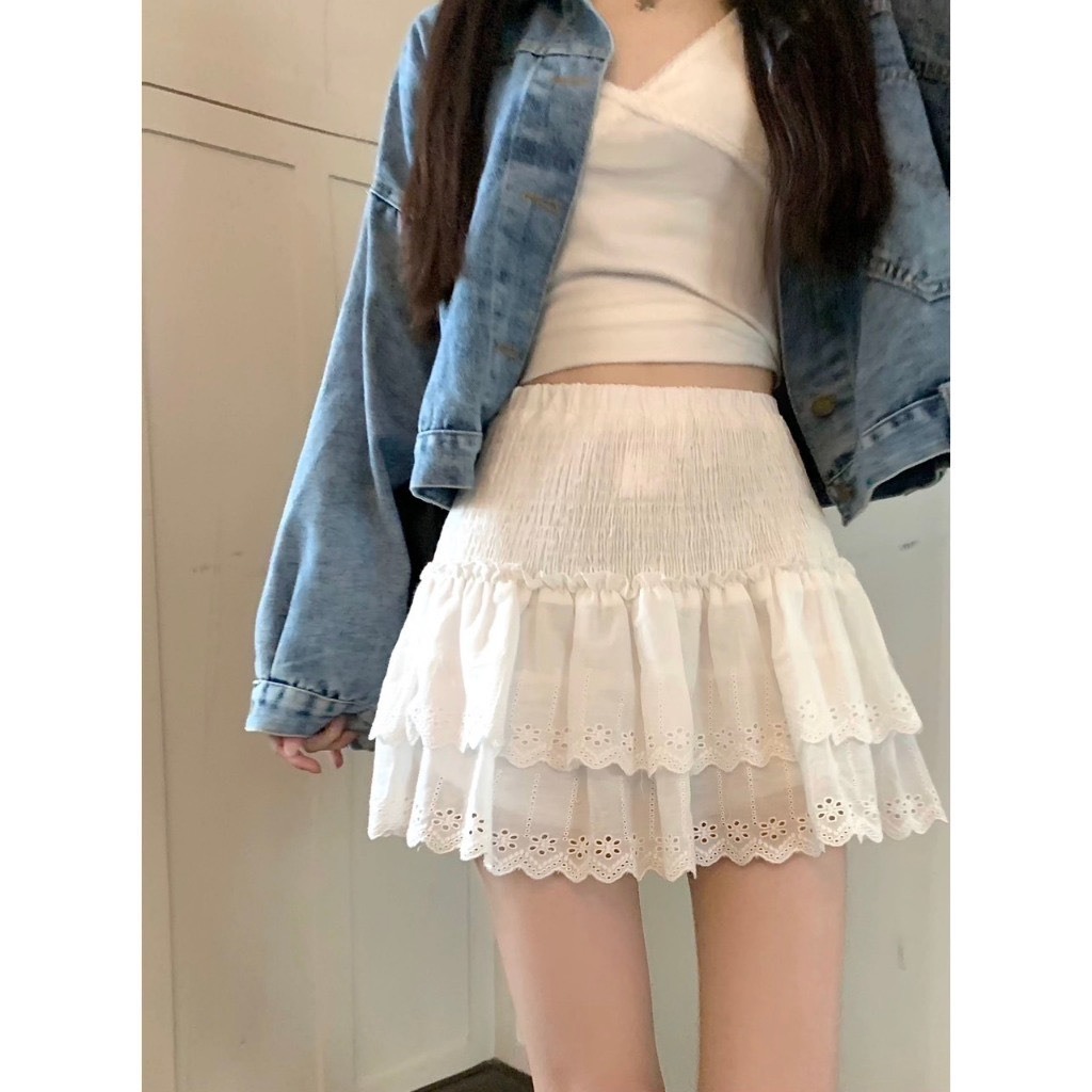 กระโปรงคอก้อตสั้น 2 ชั้น ชายลูกไม้และเอวยางยืด - 247store - CVchunhong6530_P0K43