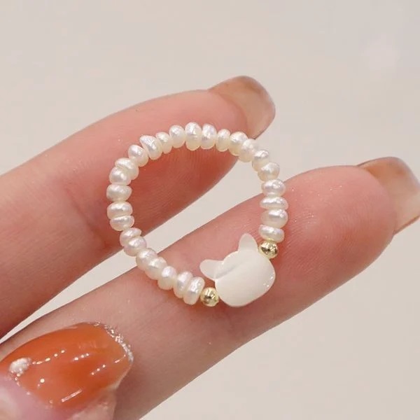 Lovely Cat Face Tiny Natural Pearl Chain Ring