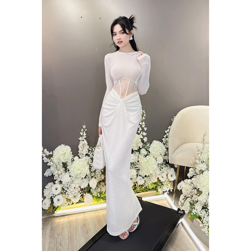 TADstore - Letitia Maxi Dress ออกแบบด้วยแขนยาว ผ้าลูกไม้รัดตัวสุดหรู