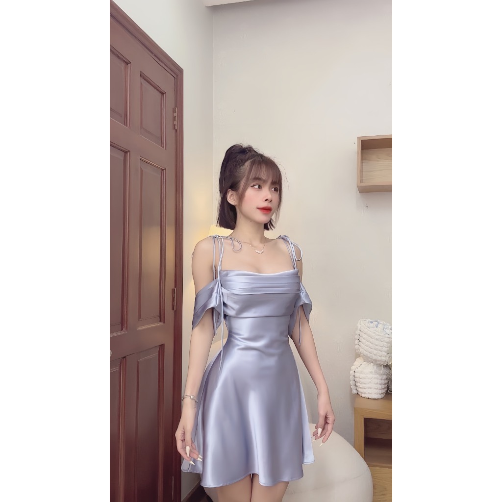 ชุดเดรสผ้าไหมปาดไหล่สั้น -Dearie Dress ผ้าไหมฮันชาคุณภาพสูง นุ่มเท่ ทรงแฮ็คสุดๆ ไซส์ SML