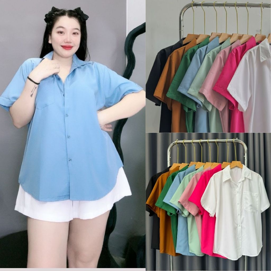 เสื้อเชิ้ตผู้หญิงไซส์ใหญ่เข้ารูปปานกลาง1กระเป๋าสีพื้นเรียบหรูอินเทรนด์ลดริ้วรอยน้อย60-100กิโลกรัม เอสเอ็ม1ที