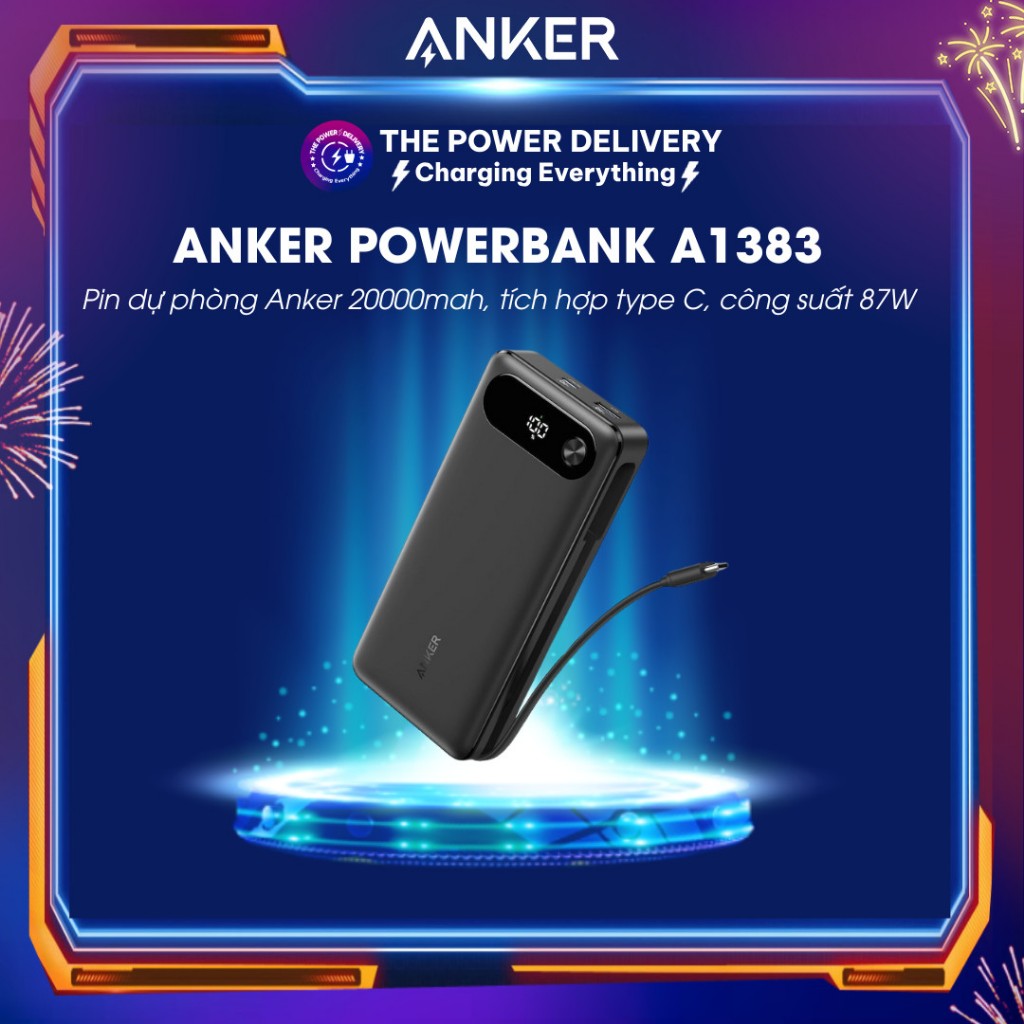 แบตเตอรี่สํารอง Anker A1383 ความจุ 20000mah สาย Type C ในตัว ความจุ 87W สําหรับ IP15 และแล็ปท็อป