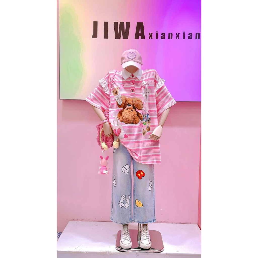 เสื้อยืดโปโล Jiwa XIANXIAN Bear - แฟชั่นผู้หญิงหวานฟู