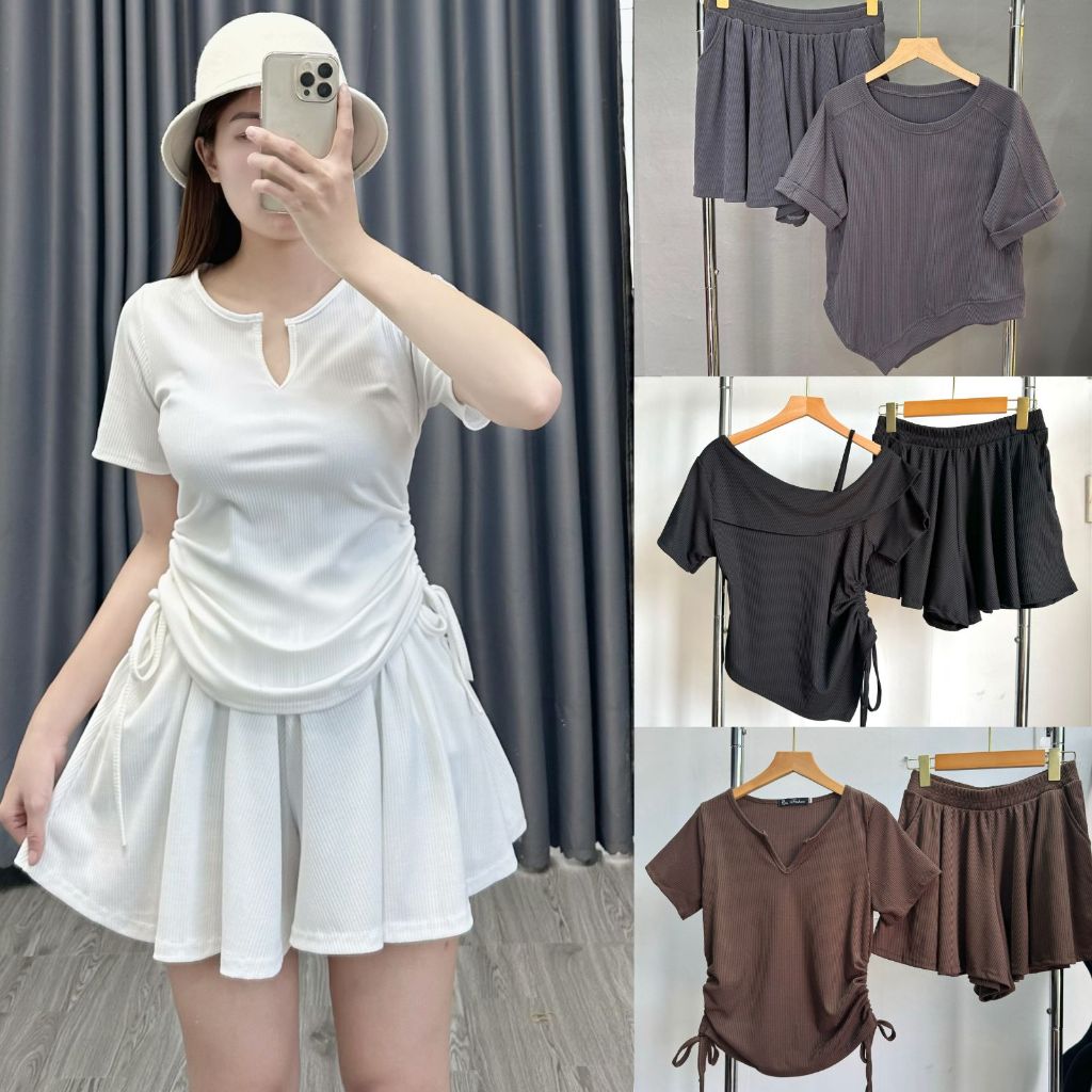 แฟชั่นผู้หญิงออกนอกบ้าน SET เสื้อยืดแขนสั้นกางเกงเอวยางยืดและกระโปรงบาน (WITH BIGSIZE) – SET OF ALL KINDS