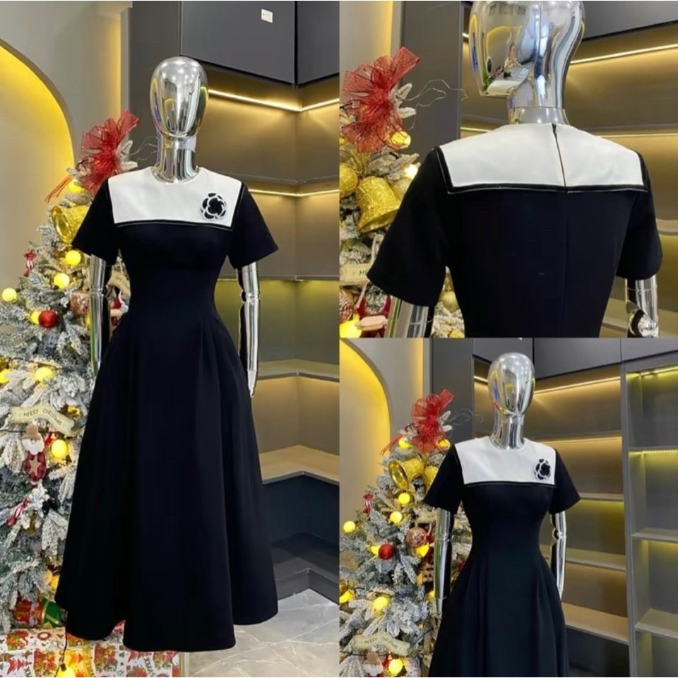 Hinstore เดรสดีไซน์กระจายมิดิกระจายคอปกกะลาสีสีขาวพร้อมเสื้อแขนกุด Camellia 291