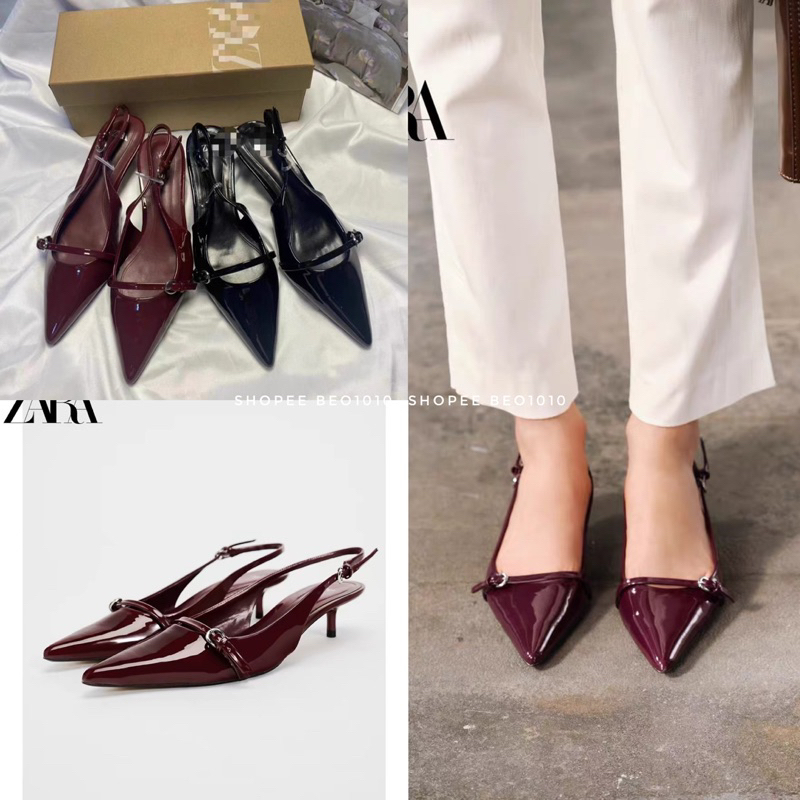 (มีจําหน่าย) Zar Pointed Toe High Heels Low Stiletto Heels Red Black 36232