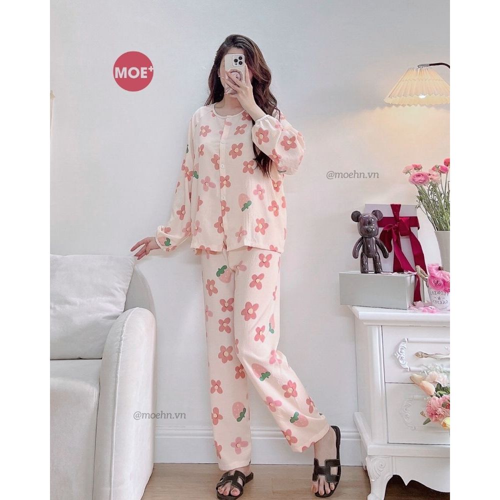 YES BIGSIZE 75kg_Rattan Cotton / Yunduo Cotton Long Sleeve Pyjamas Set Spring Summer Basic Round Nec