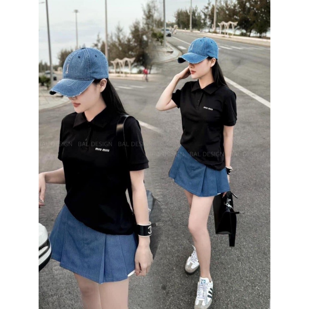 Miumiu เสื้อโปโลชุดสตรีพร้อมกระโปรงบุคลิกภาพสุด ๆ