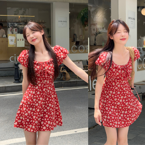 เดรสลายดอกแขนพัฟสั้นสไตล์เลดี้,เดรสลายดอกไม้หวานเอวสูงสวยๆ Q.C [CODE TA312]