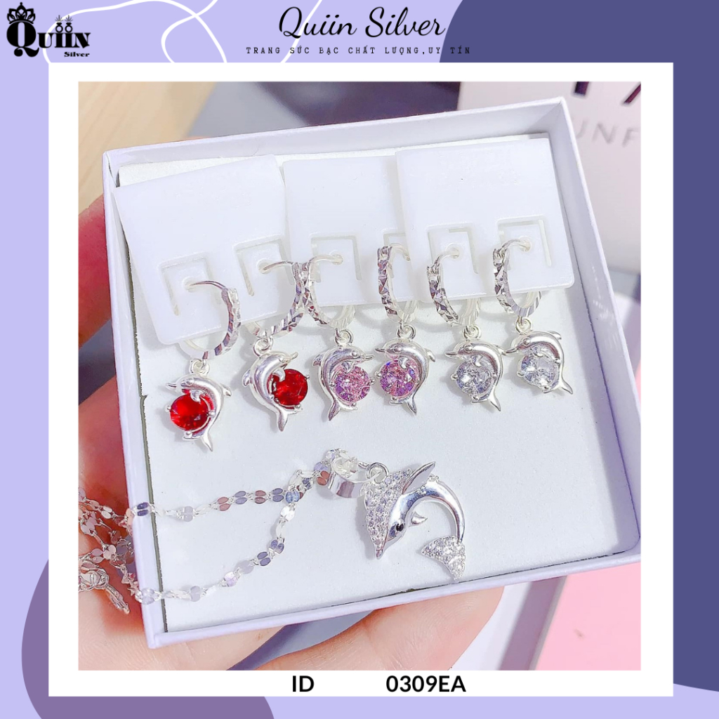 ส925 Quiin ชุดเครื่องประดับเงิน - สร้อยคอและต่างหูรูปเหมือนปลาโลมาหินสีสําหรับเด็กผู้หญิง 0309เอ