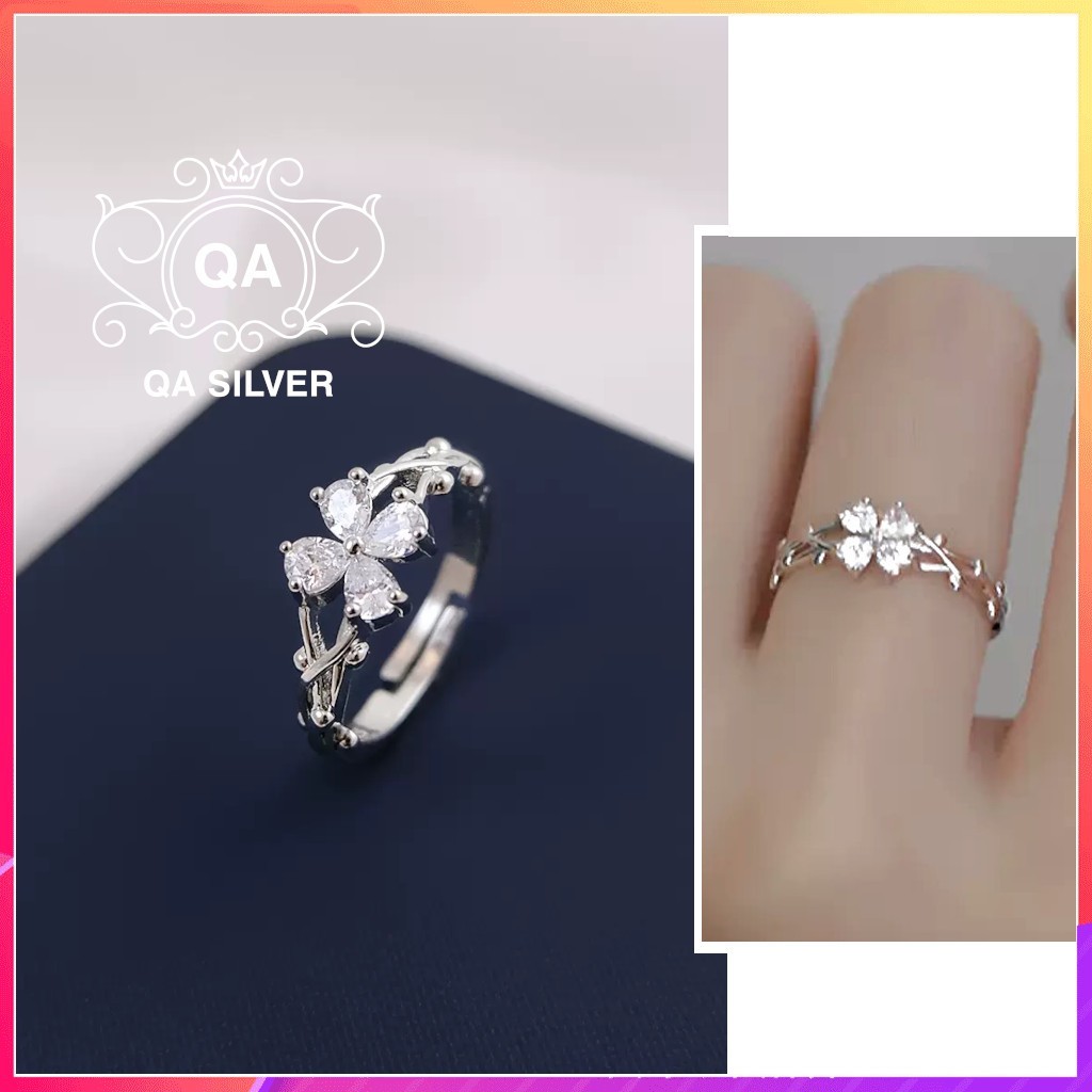 แหวนเงินแท้ 925 หน้าดอกไม้ 4 กลีบและหิน S925 FLORA QA SILVER Ring RI240501