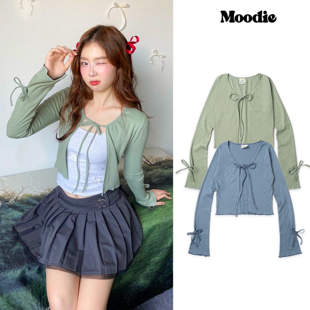 เสื้อคาร์ดิแกนแขนยาวผูกโบว์แขนจั๊ม | แบรนด์ Moodie