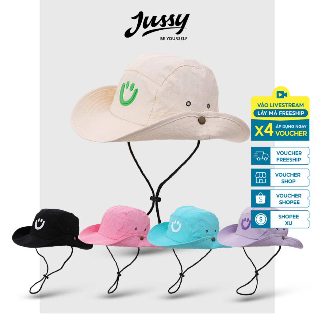 Smiley Face Icon Round Brim Bucket Hat JB39 Jussy Official Bucket Hat สําหรับผู้ชายและผู้หญิงพร้อมสา