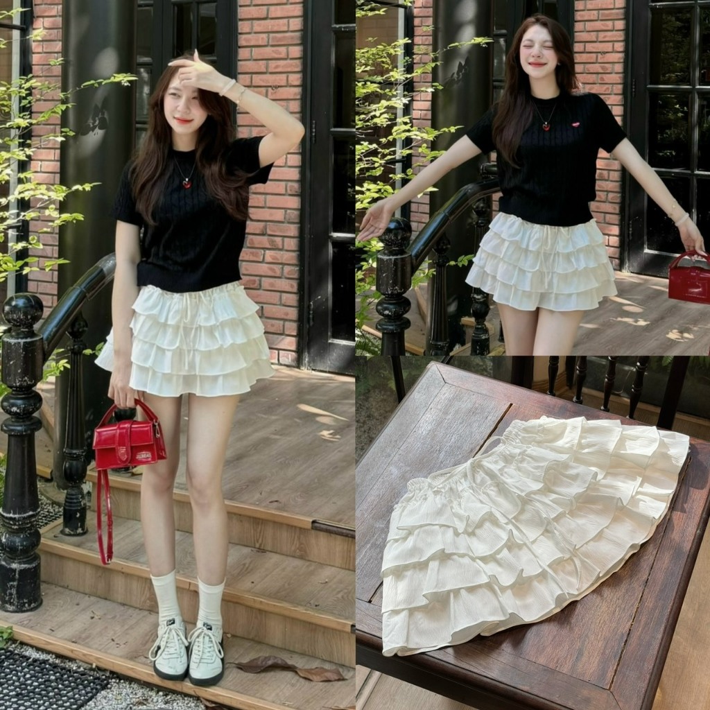 (Original PHOTO) WAVYSKIRT กระโปรงลูกไม้ระบาย 4 ชั้นแบบสั้น