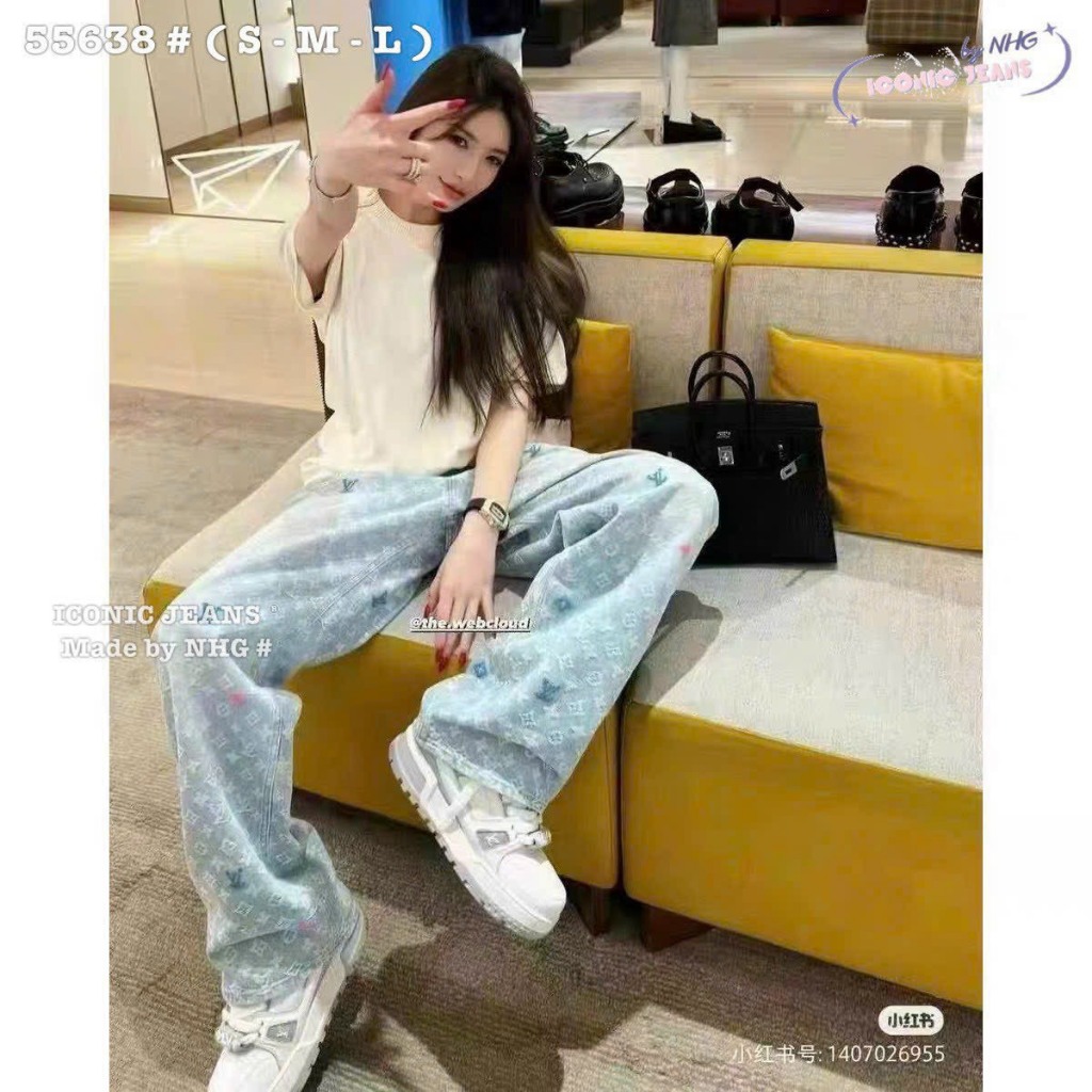 Lv monogram straight Jeans ปักลายสี สินค้ากวางโจวคุณภาพสูง T-Charming