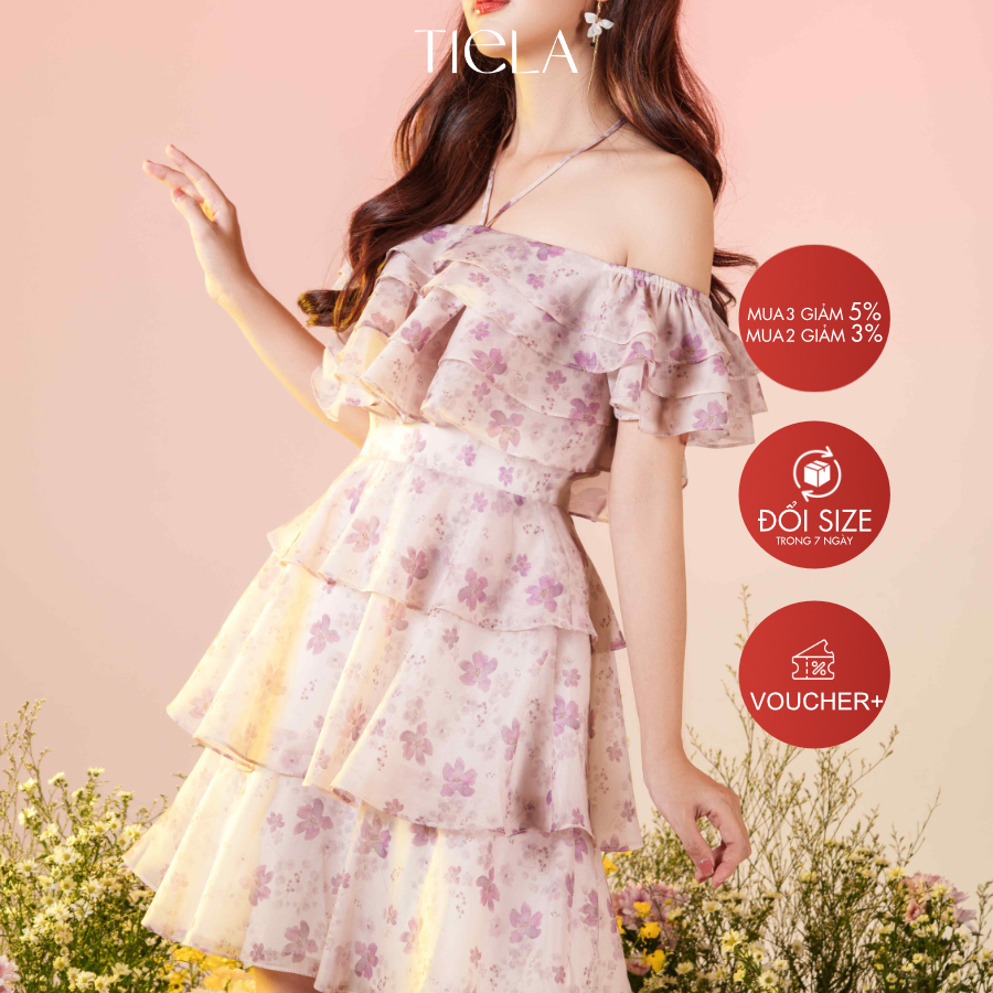 Tiela Floral เดรสปาดไหล่ -Fllossy Dress