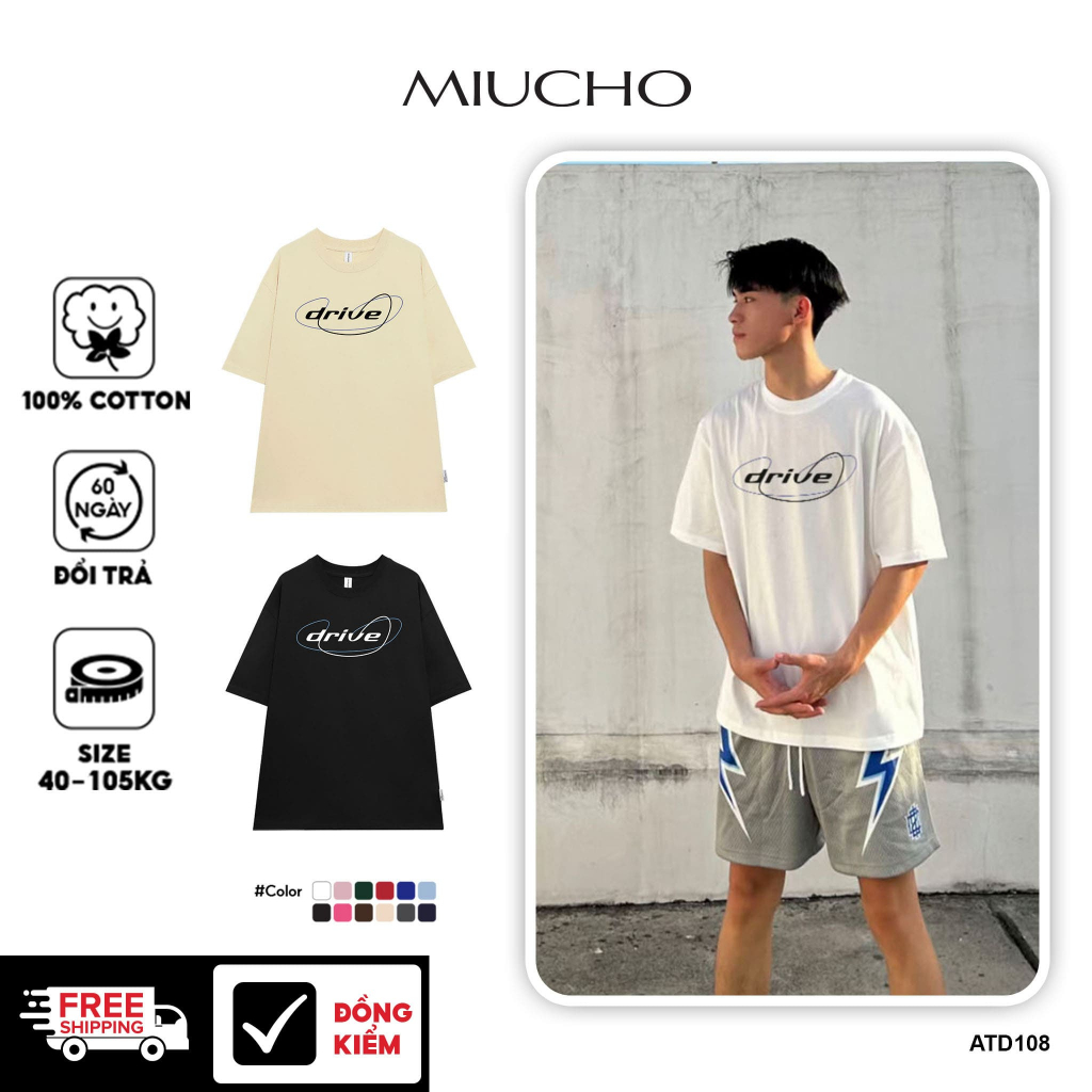 เสื้อยืดผู้ชายทรงหลวมแขนสั้น คอกลม ผ้าคอตตอน ATD108 Miucho พิมพ์ลาย Typographic