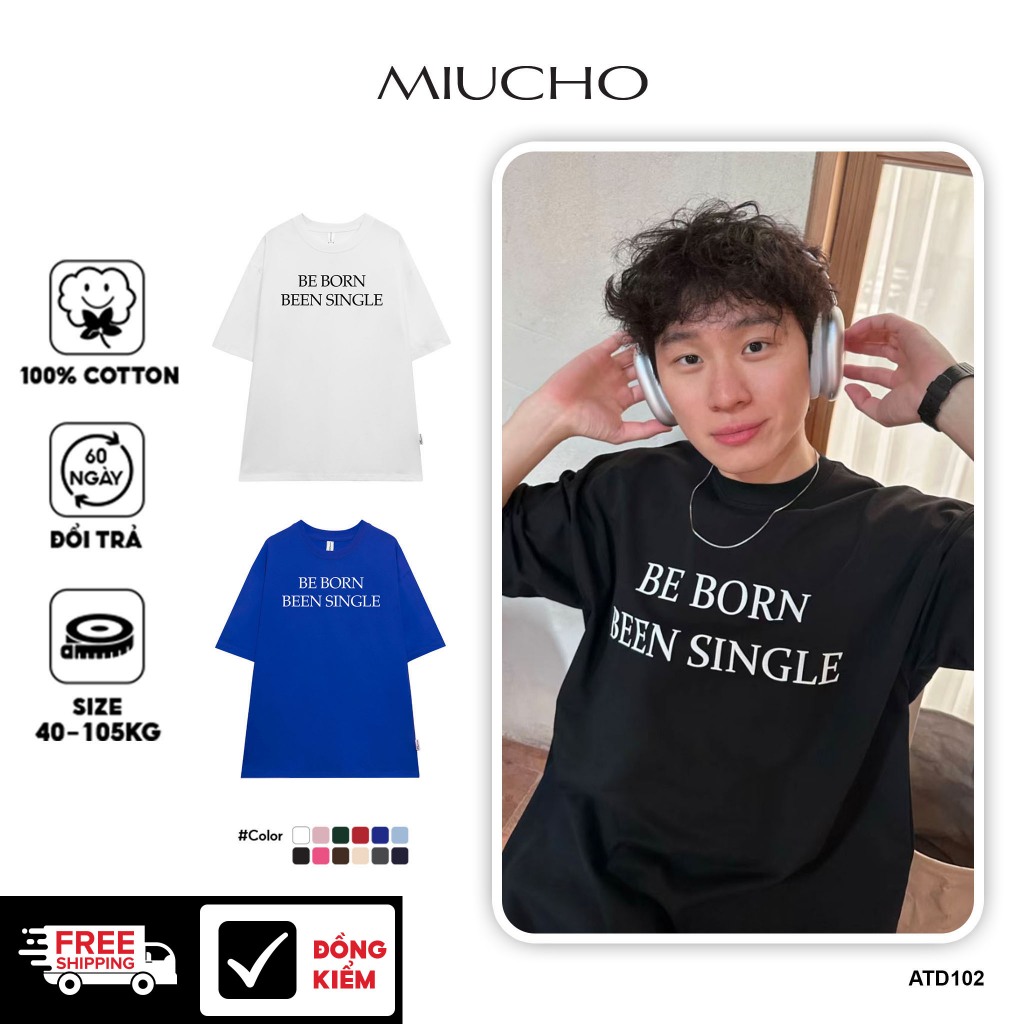 เสื้อยืดผู้ชายทรงหลวมแขนสั้น คอกลม ผ้าคอตตอน ATD102 Miucho พิมพ์ลาย Typography