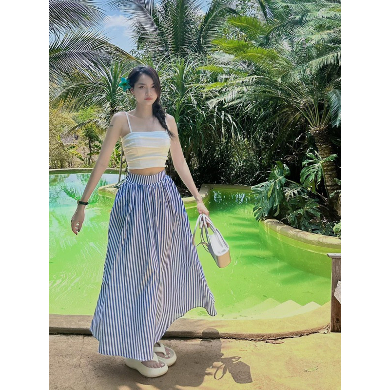 (REAL PHOTO STANDARD PHOTO) WHITE 2S SHIRT SET + BLUE STRIPED LONG MAXI CV - ชุดกระโปรง 2s สําหรับชา