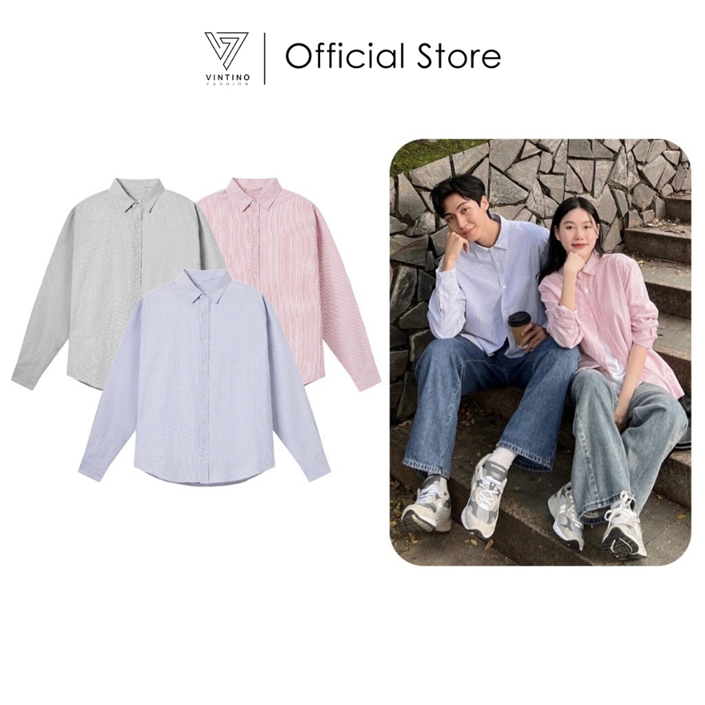 เสื้อเชิ้ตลายสก๊อต Oxford แขนยาวสําหรับผู้ชายและผู้หญิงเกาหลีทรงหลวม 3 สีสีเทา, ชมพู, ฟ้า VINTINO SM01