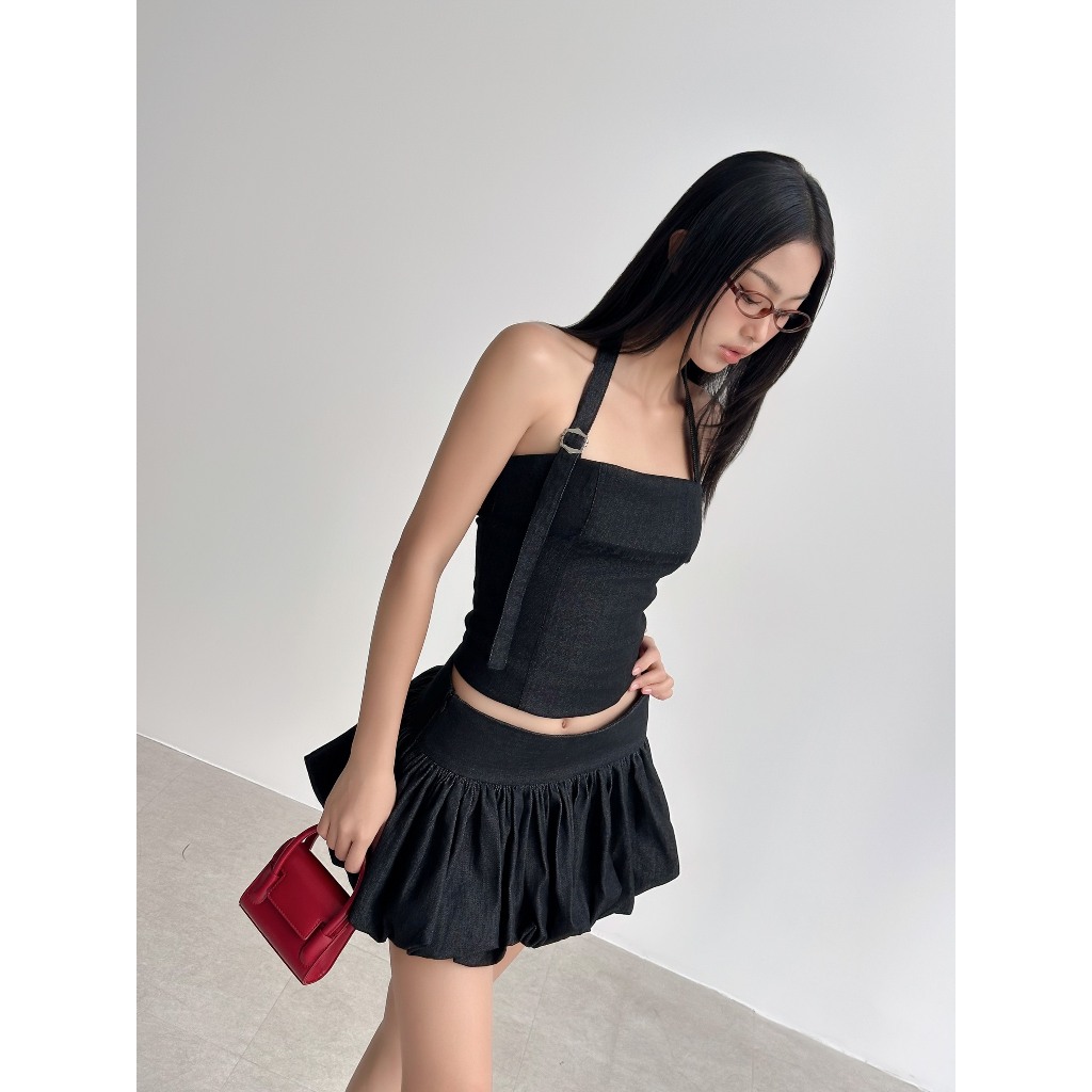 เสื้อเกาะอกผ้ายีนส์สีดํามีซิปด้านหลัง - HOO DESIGN