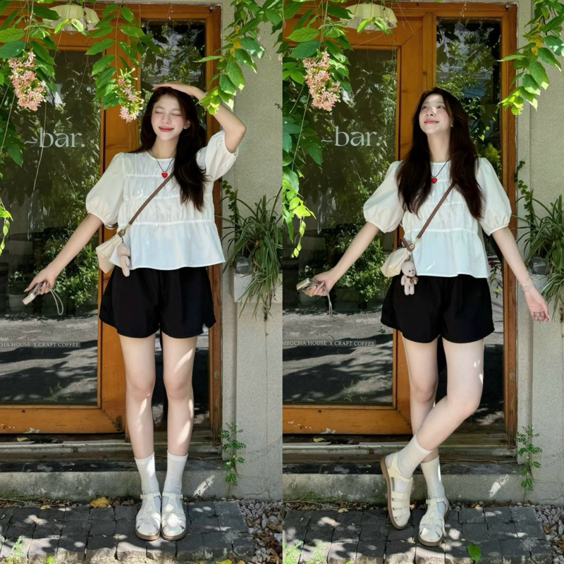 (PANTIES INCLUDED) Set 2 ตัว MIA TOP เบบี้ดอลล์แขนพัฟทรงบานและกางเกงขาสั้นเอวสูง