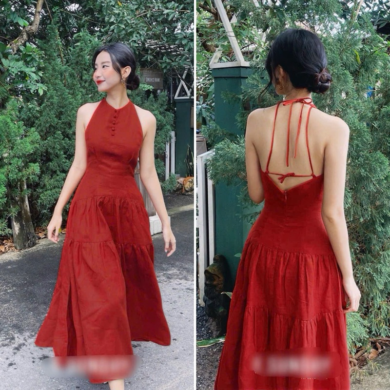 [Mya House] แม็กซี่เดรสผ้าลินินคล้องคอติดกระดุมพัน