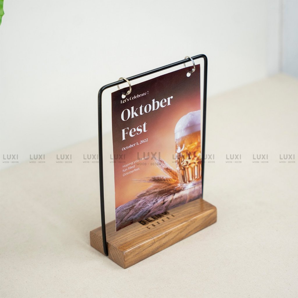 HCM l MenU RACK WITH OAK WOOD BASE IRON BAR TABLE, MENU RACK ขนาด A5 - A6 "ฟรีโลโก้ ENGRAVING"