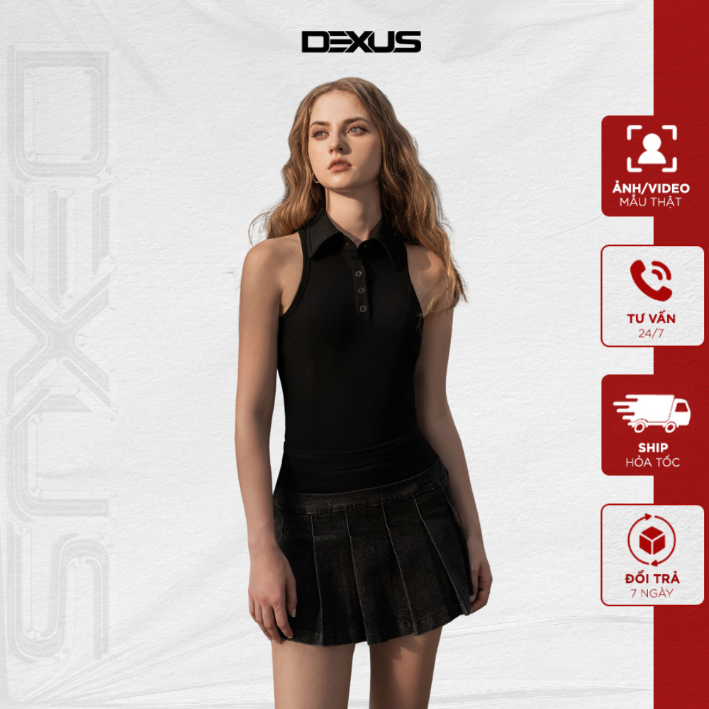 เสื้อกล้ามผู้หญิงคอปก DX DEXUS สีดําขั้นพื้นฐาน ทรงเข้ารูป เนื้อนุ่มเกาหลีสุดเท่ SUZY TANK TOP_DXA15