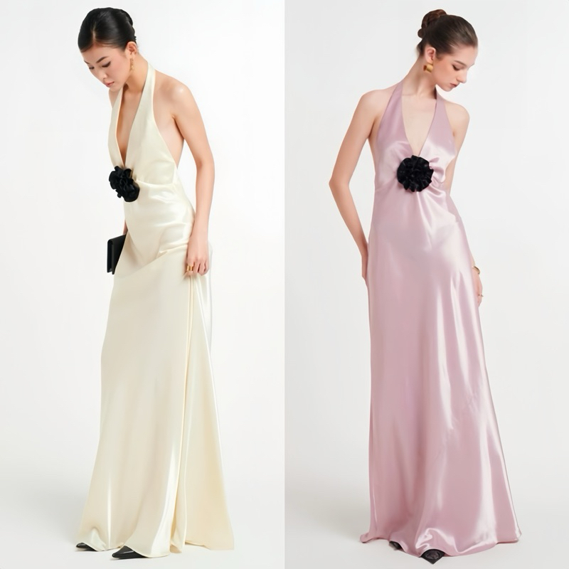 หรูหรายาวเปลือยผ้าไหมสอง-String Dress - Flattering Long Silk Two-String Dress with Cushion Chest - SunflowDress คอเต่าชุดราตรี