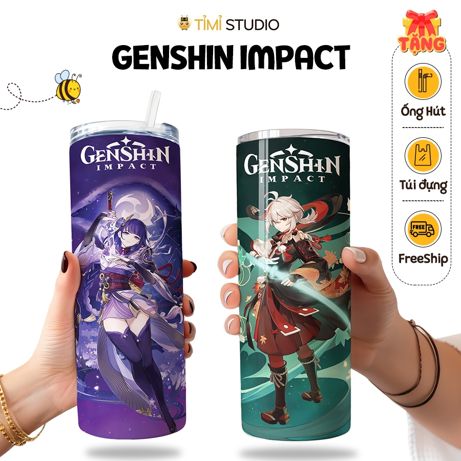 Genshin Impact Thermos Bottle - 600ml - สแตนเลส 304 - ฟรีกระเป๋าถือ - สตูดิโอที่พิถีพิถัน