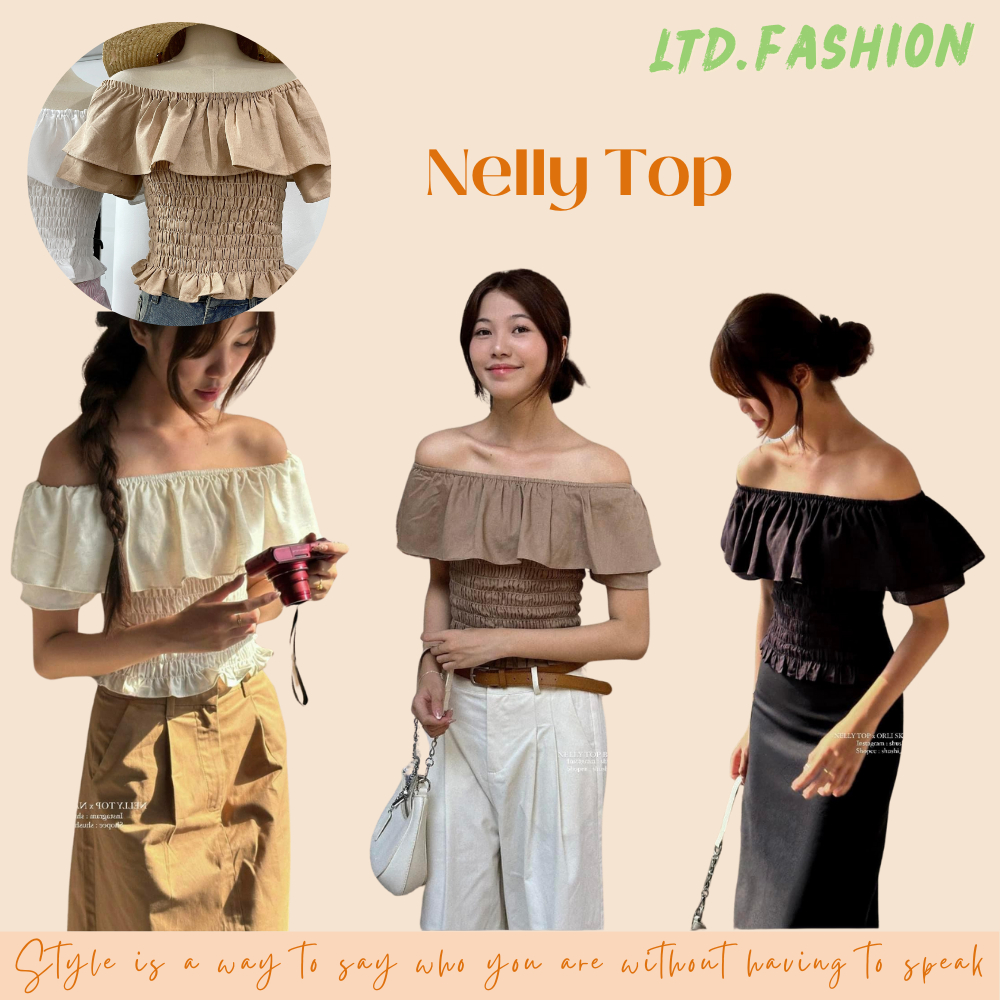 เสื้อเชิ้ตเปิดไหล่จับจีบหน้าอก - LTD.FASHION - NELLY TOP