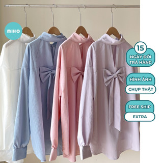 XẢ HÀNG Áo Sơ Mi Nữ Kiểu Buộc Nơ Sau Lưng, Áo Sơmi Chất Vải Đũi Thoáng Mát, Áo Somi Trơn Kiểu Dáng Điệu Đà Miho House