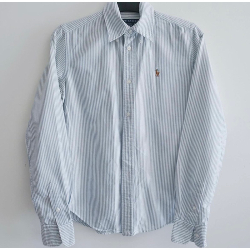MENS AND WOMENS SHIRT, OXFORD, BLUE WITH WHITE STRIPES, NO POCKETS, EUROPEAN STYLE LONG SLEEVES