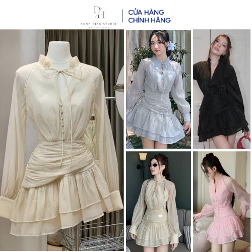 Dh STUDIO Flared Ladys Party Dress น่ารักมีสไตล์แขนยาวชุดชีฟองผ้าไหม