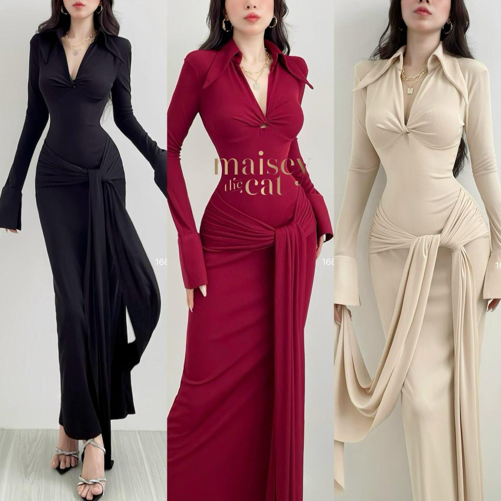 [MAISEY 1686] YOUTHFUL LONG SHIRT COLLAR PARTY DRESS ผ้า LAYER WRAPS ON THE HIPS