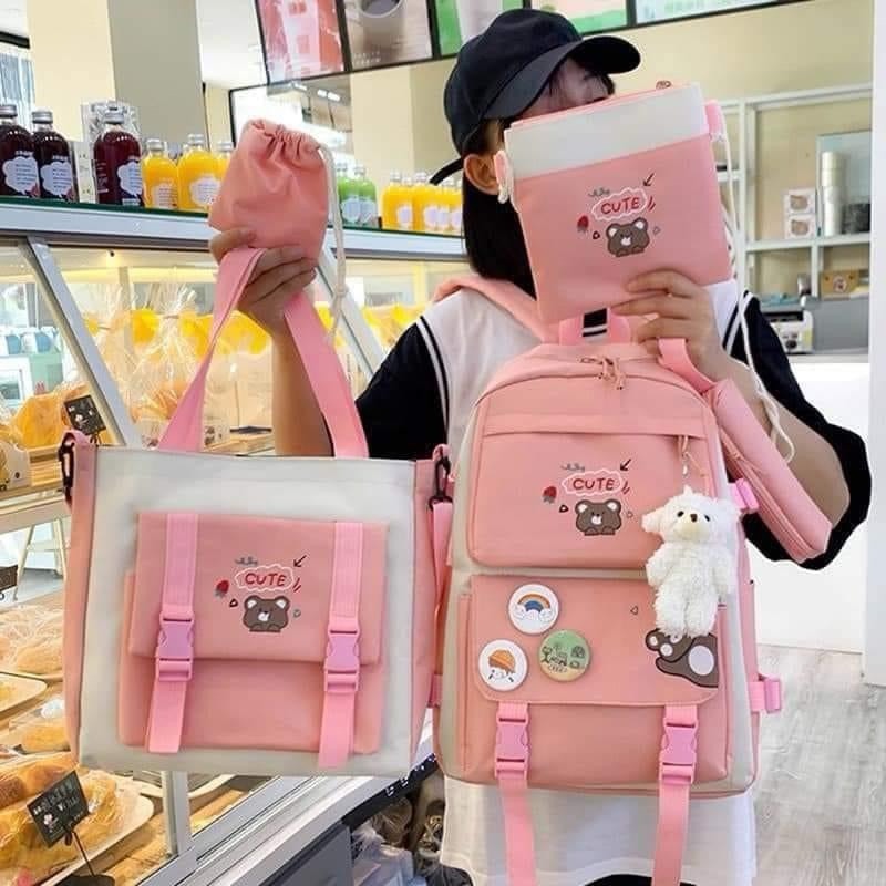 Set Backpack 4 Items For School, Fashion Backpack, CUTE Bear Backpack For Children To Go To School, 