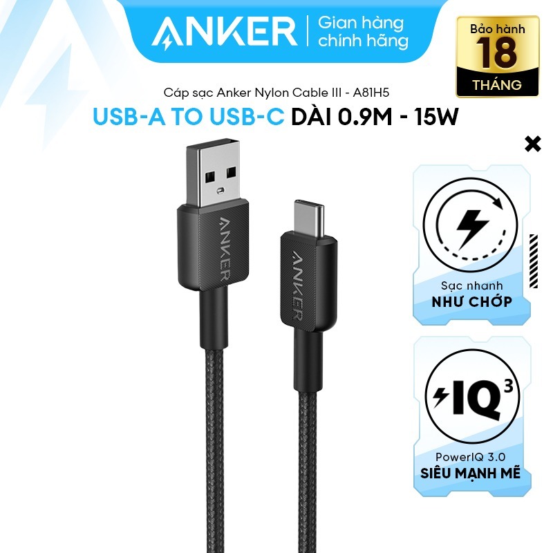 Anker 322 Nylon Cable III USB-A to USB-C 60W สายชาร์จ - ยาว 0.9 / 1.8 ม. - A81H5 (A81H6