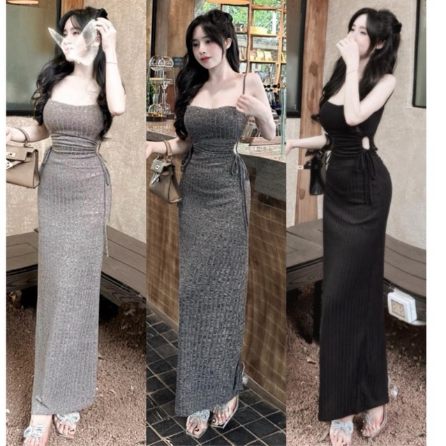 เดรสยางยืดสองสายผ่าต้นขาสุดเซ็กซี่แต่งขอบลูกไม้ ม53