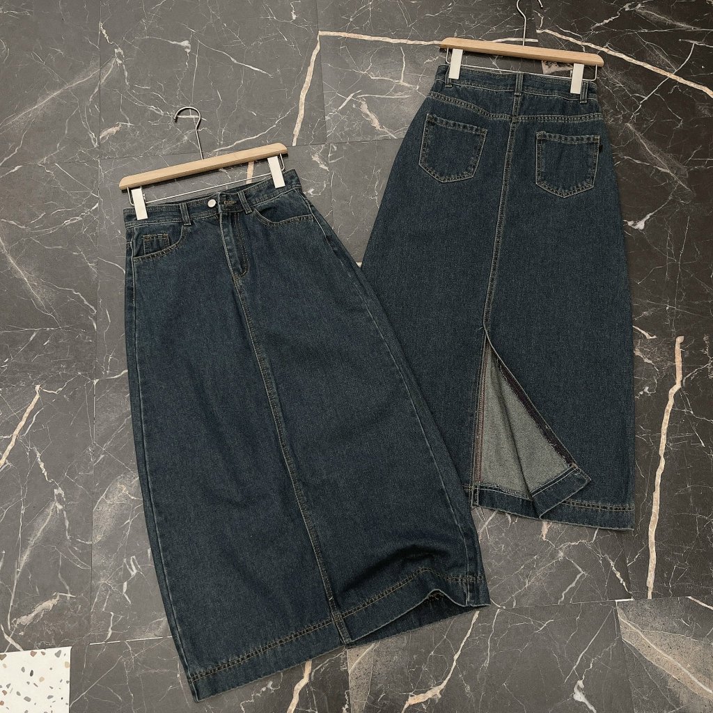 CV14 - DARK BLUE LONG JEAN SKIRT WITH SLIT BACK SHAPE A 7476 - 90 ซม. ผู้หญิง