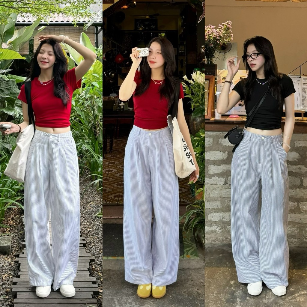 (OLDSCHOOL PHOTO) กางเกงลายทางขากว้างเอวต่ํามียางยืดด้านหลัง