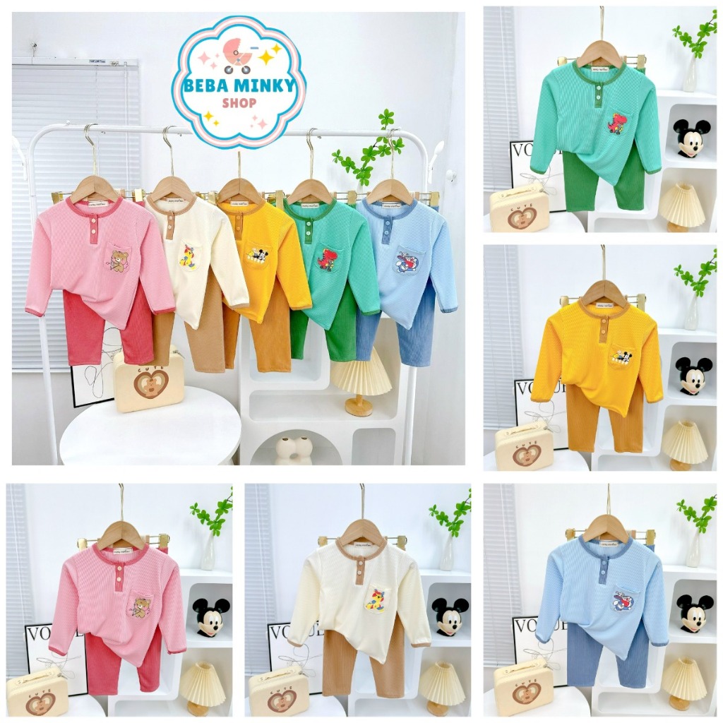 Bba059 Minky Mom เซตขายาวผ้าร่อง คอเต่ากระดุม มีกระเป๋า ผ้านุ่ม สําหรับเด็กทารก