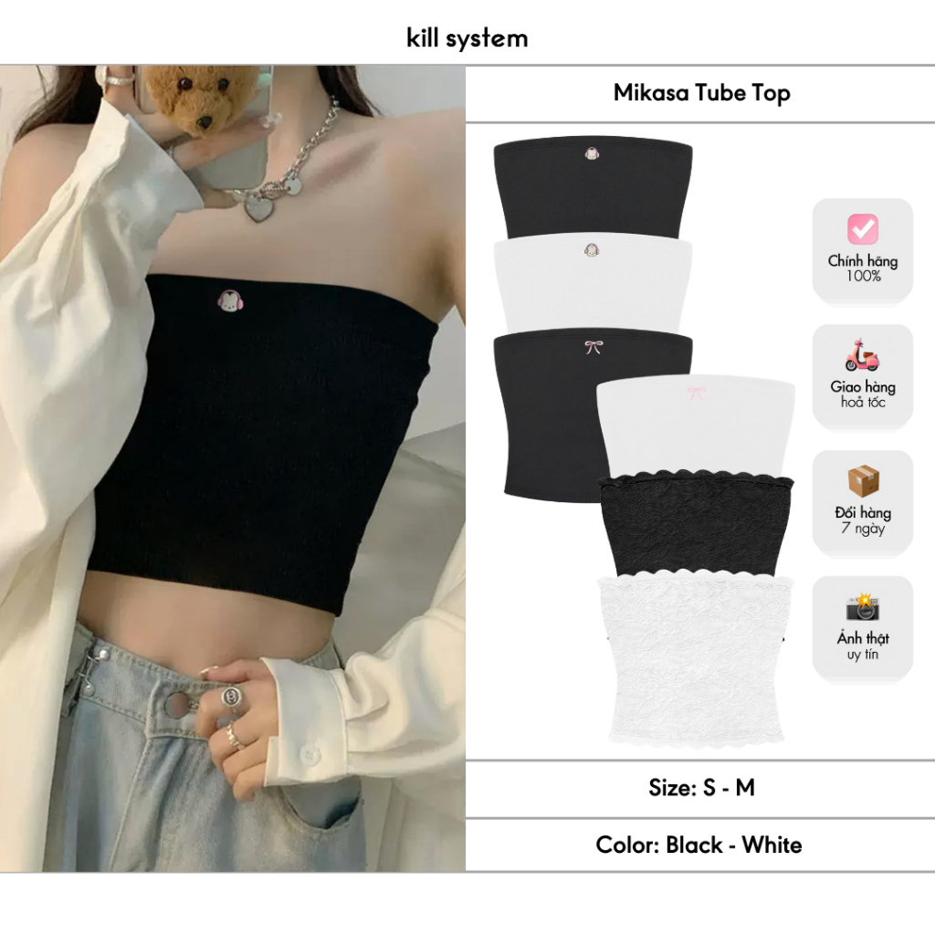 Kill System Mikasa เสื้อเกาะอกปักลายกระต่ายและโบว์สีดําและสีขาว