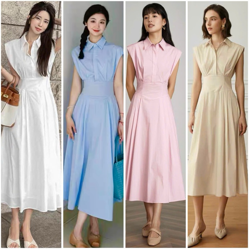 มิดิเดรสคอปกเชิ้ตและแขน 5 สี เดรสออฟฟิศ เดรสสตรีท (มีรูปจริง)
