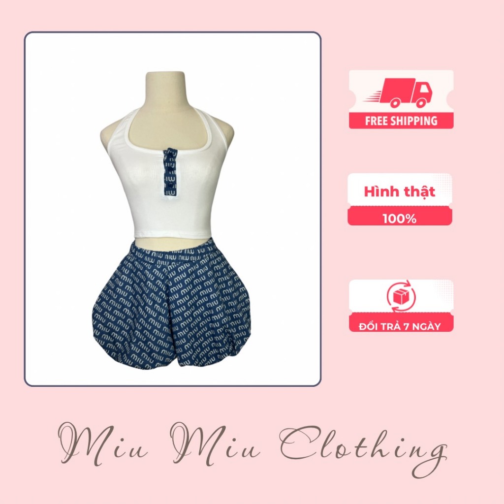 Miumiu ชุดกางเกงพองและเสื้อคล้องคอลาย