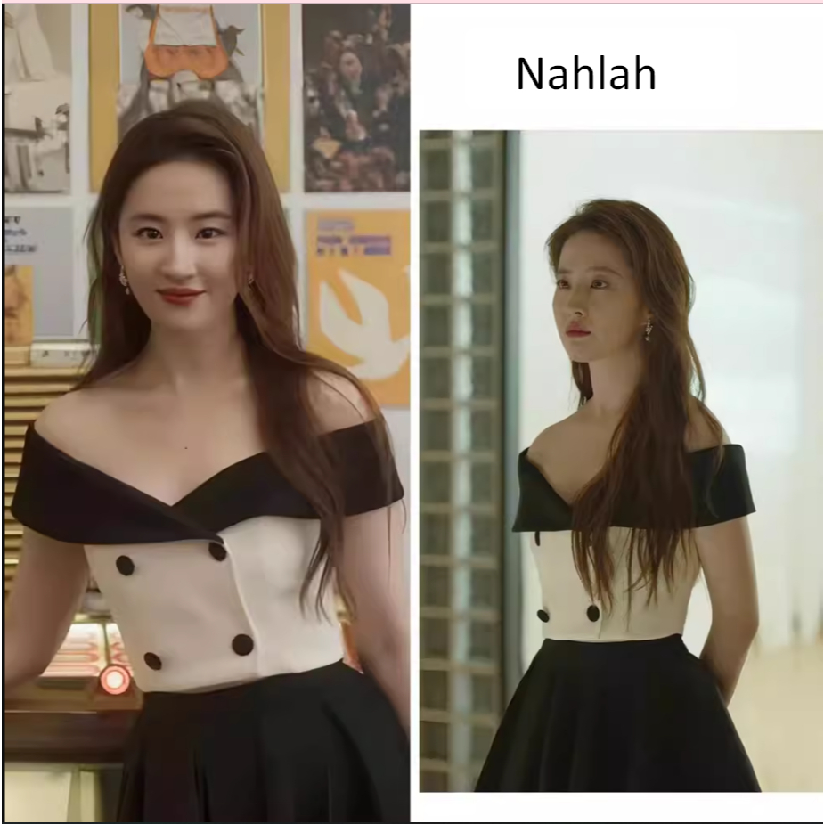 เรื่องราวของดอกกุหลาบ Liu Yifei พร้อมเสื้อเปิดไหล่สีดําและสีขาวที่ดึงดูดใจ